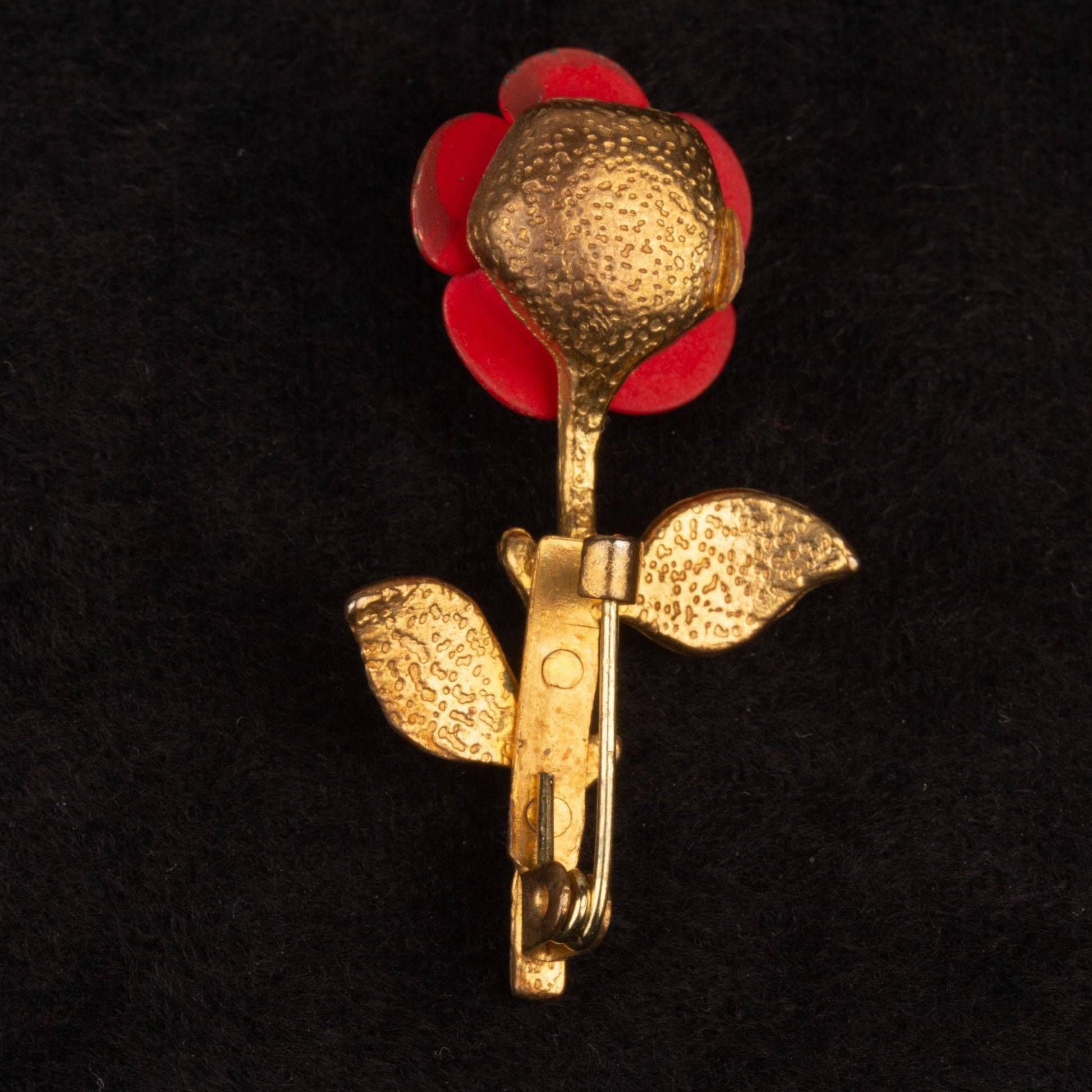 Vintage Enamel Flower Red Rose Gold Toned Brooch