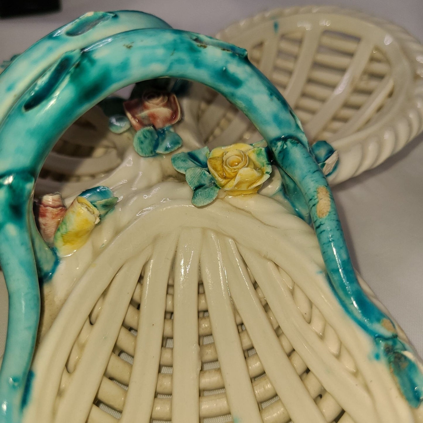 Vintage Made In Italy Latticework Floral Basket Trinket Dish