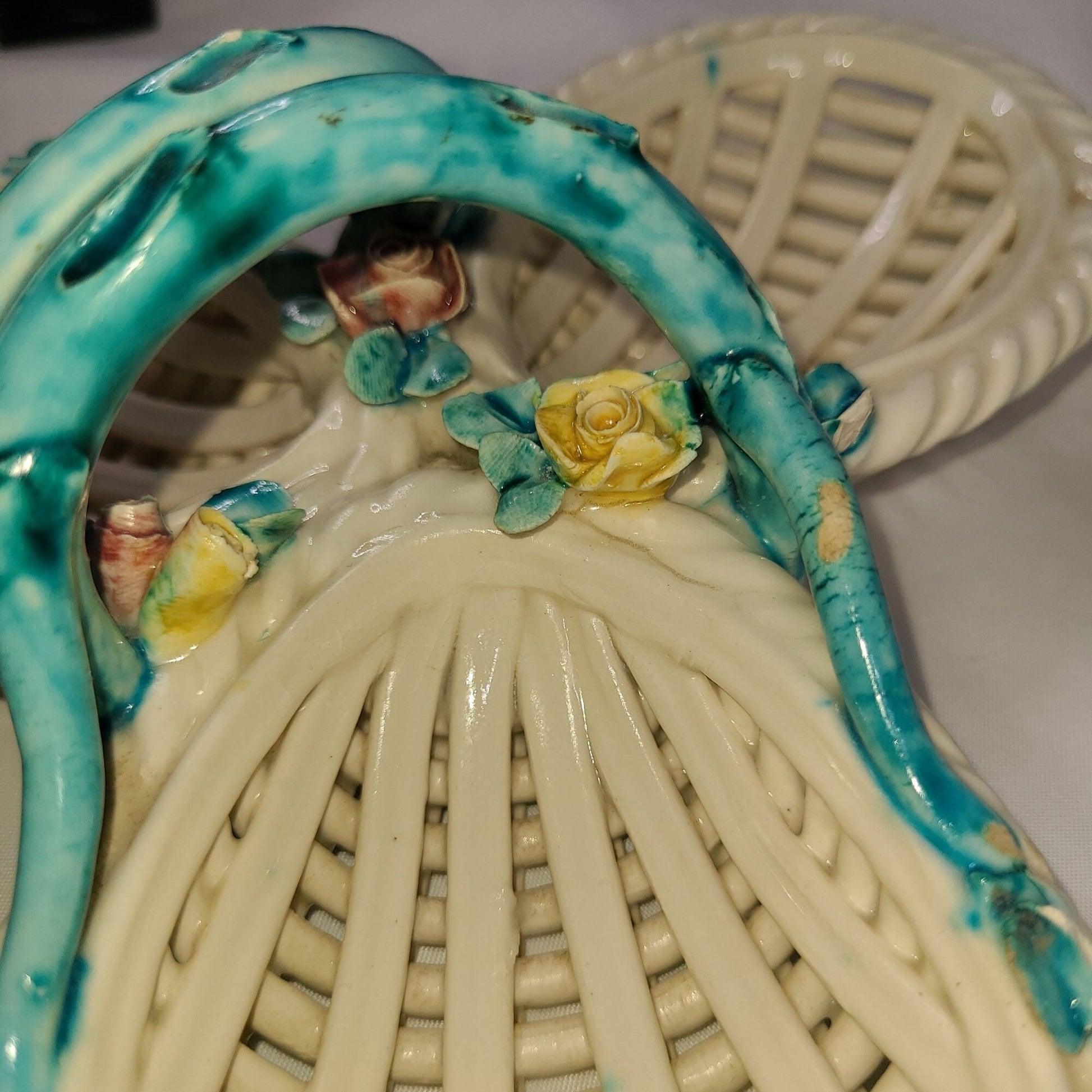 Vintage Made In Italy Latticework Floral Basket Trinket Dish