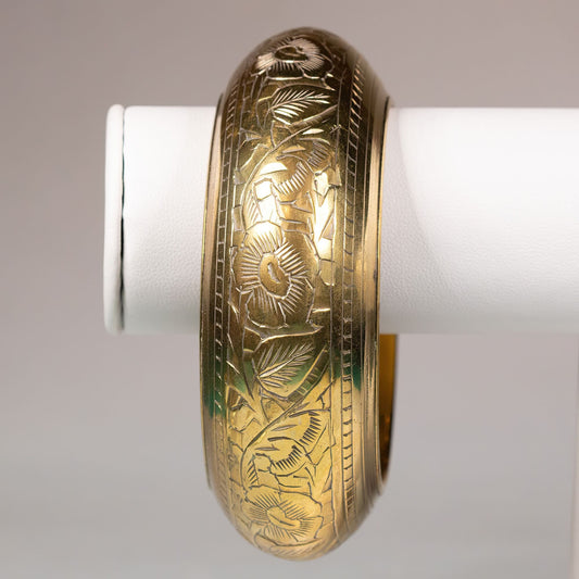 Vintage Etched Floral Brass Bangle Chunky Oversized Bracelet