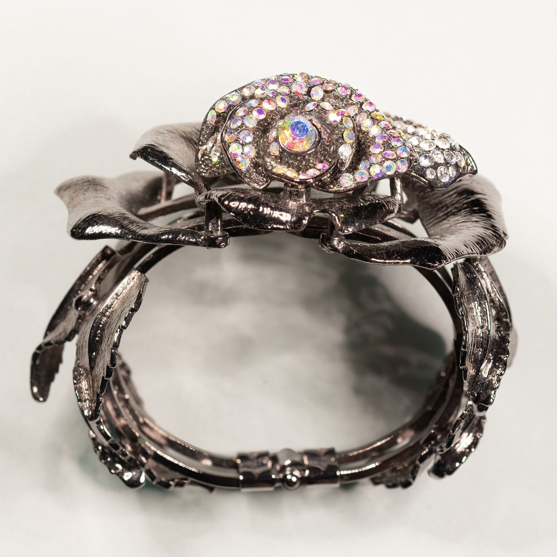 Oversized Chunky Rhinestone Rose Hinged Bangle Bracelet