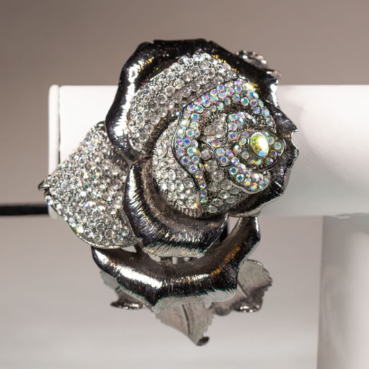 Oversized Chunky Rhinestone Rose Hinged Bangle Bracelet