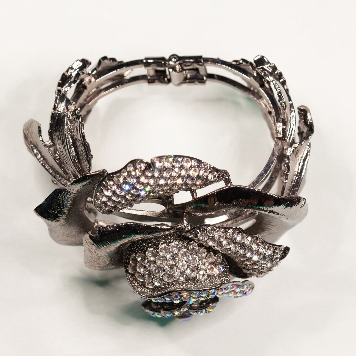 Oversized Chunky Rhinestone Rose Hinged Bangle Bracelet