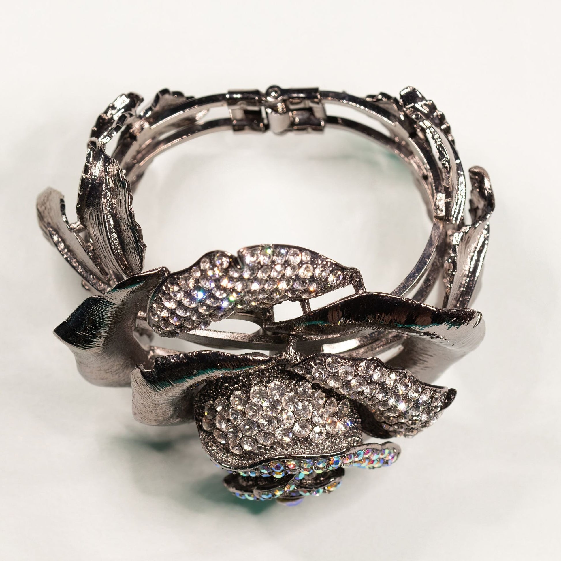Oversized Chunky Rhinestone Rose Hinged Bangle Bracelet