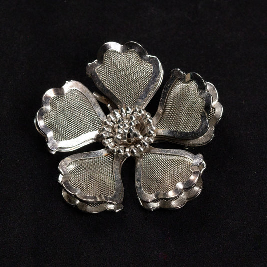 Vintage 1950s Signed BED Silver Tone Mesh Flower Brooch