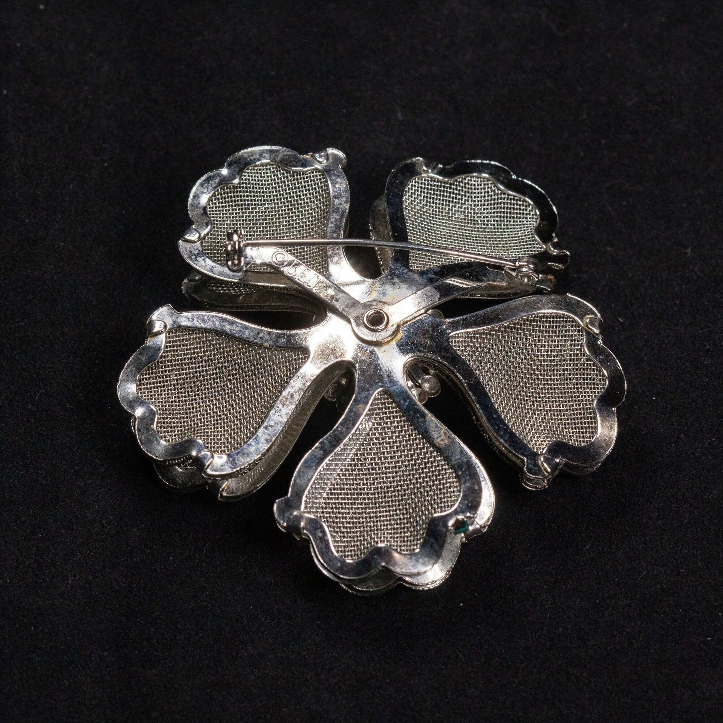 Vintage 1950s Signed BED Silver Tone Mesh Flower Brooch