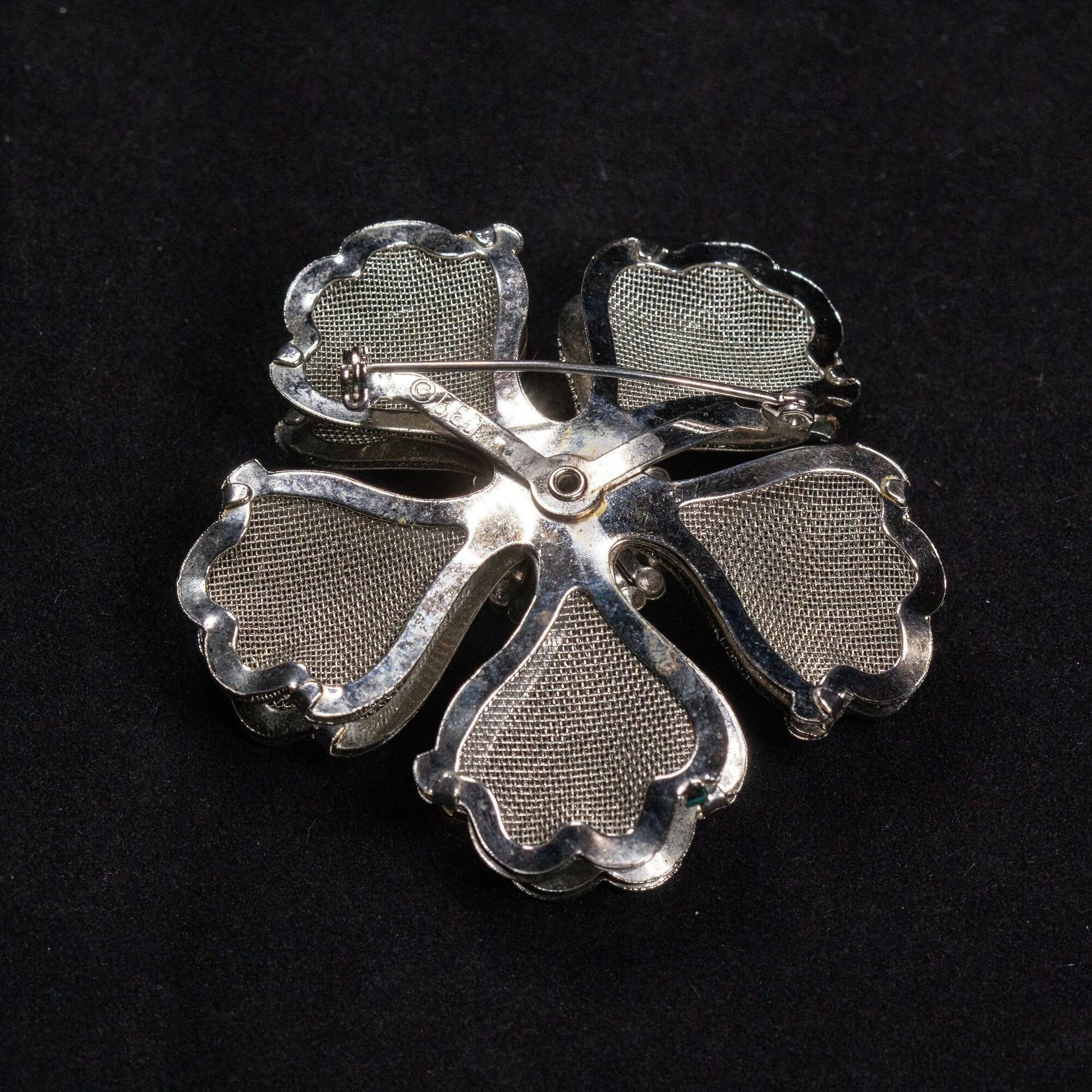 Vintage 1950s Signed BED Silver Tone Mesh Flower Brooch