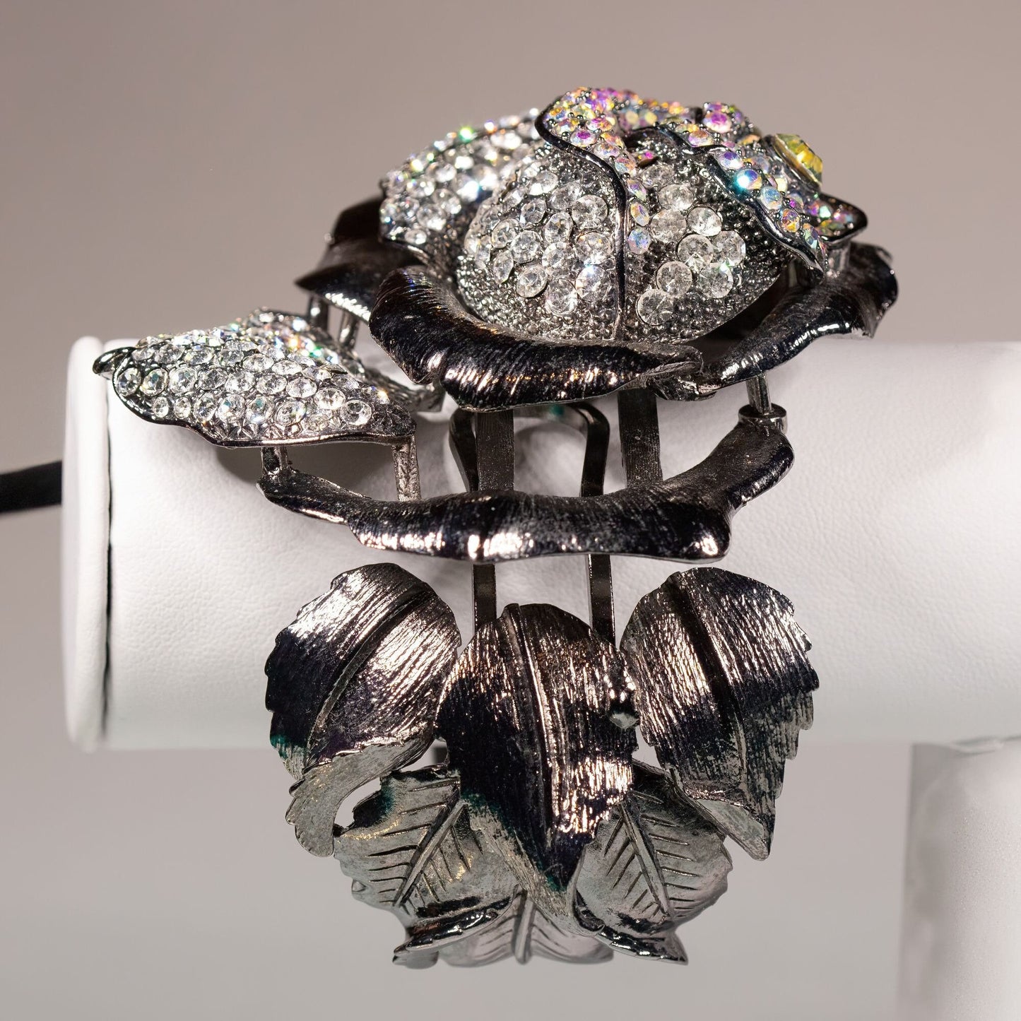 Oversized Chunky Rhinestone Rose Hinged Bangle Bracelet