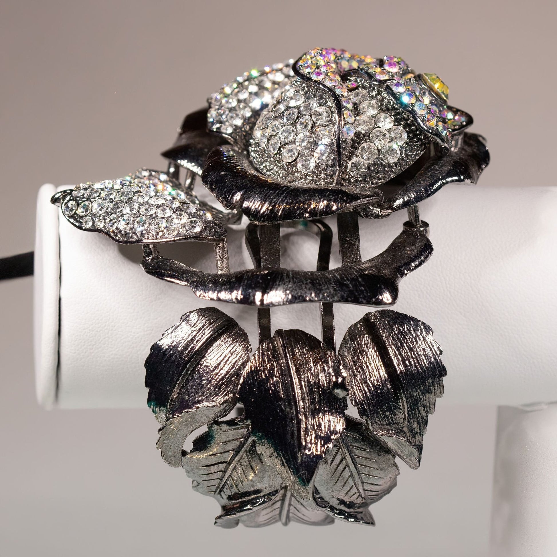 Oversized Chunky Rhinestone Rose Hinged Bangle Bracelet