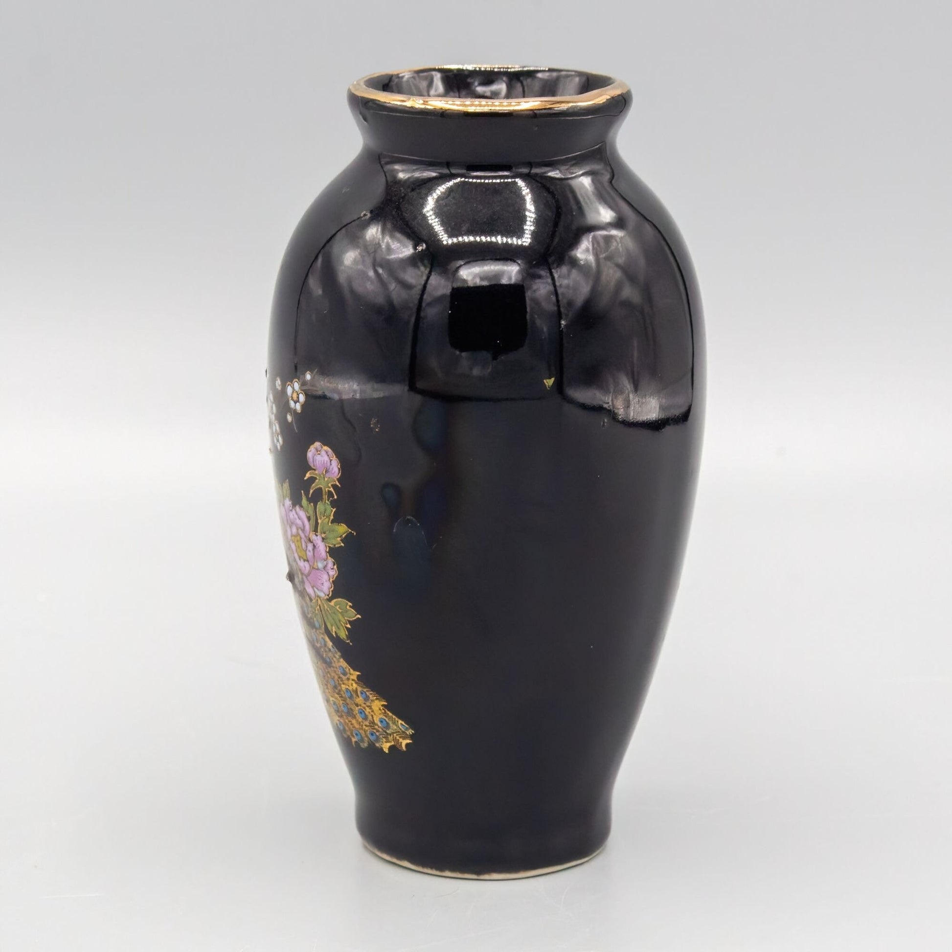 Black and Gold Pheasant Ceramic Miniature Vase Japan 4"