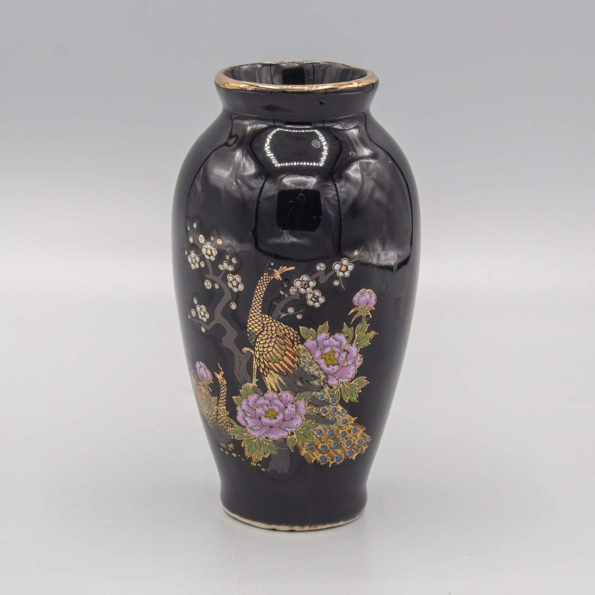 Black and Gold Pheasant Ceramic Miniature Vase Japan 4"