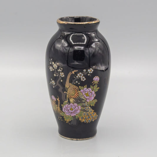 Black and Gold Pheasant Ceramic Miniature Vase Japan 4"