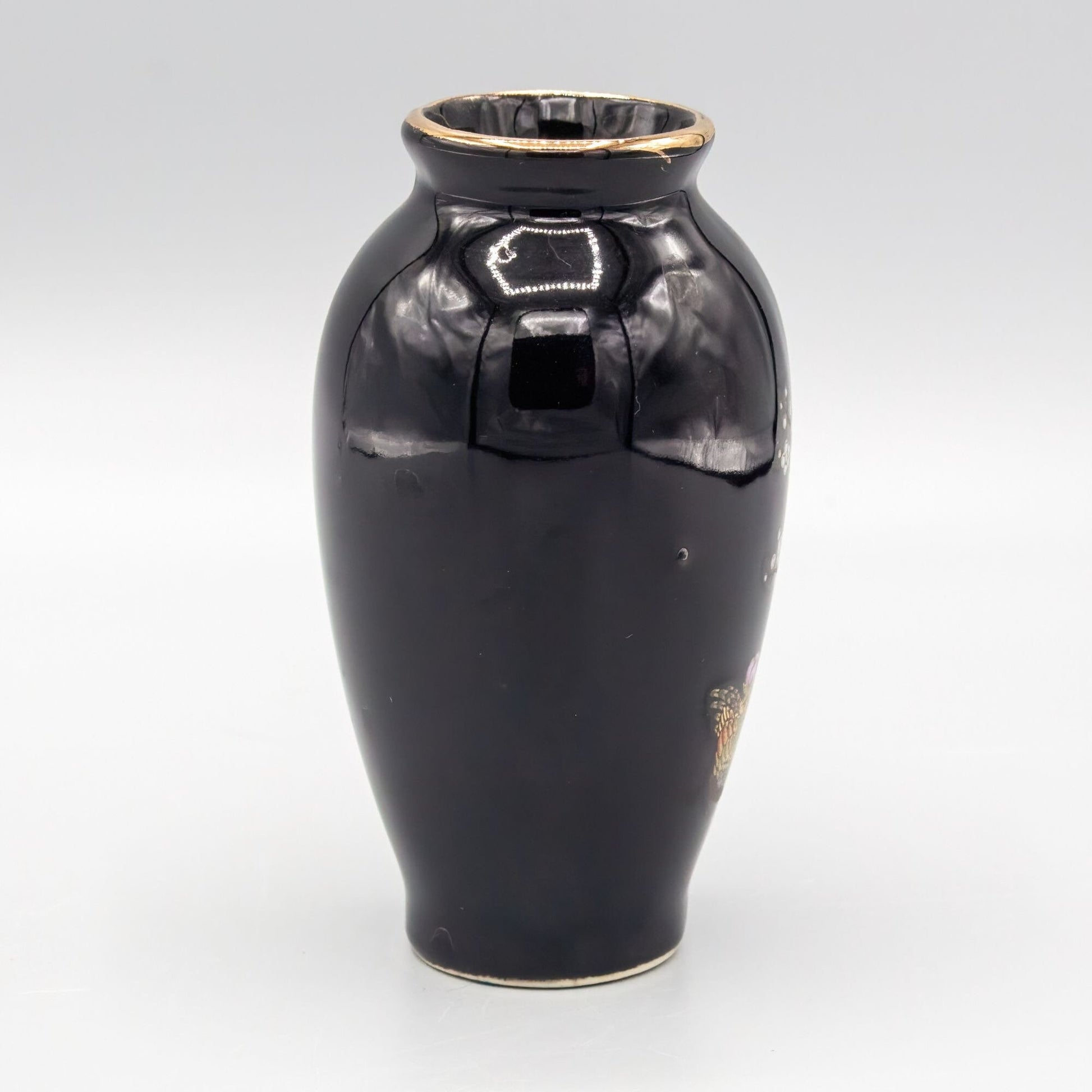 Black and Gold Pheasant Ceramic Miniature Vase Japan 4"