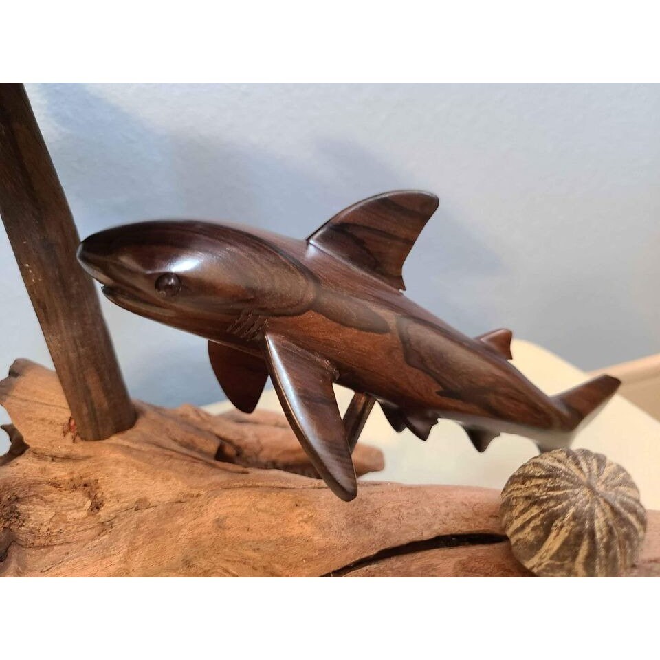 wooden sculpture "Belize" by R. Westby driftwood base seas tyrtle, shark, fish, dolphin
