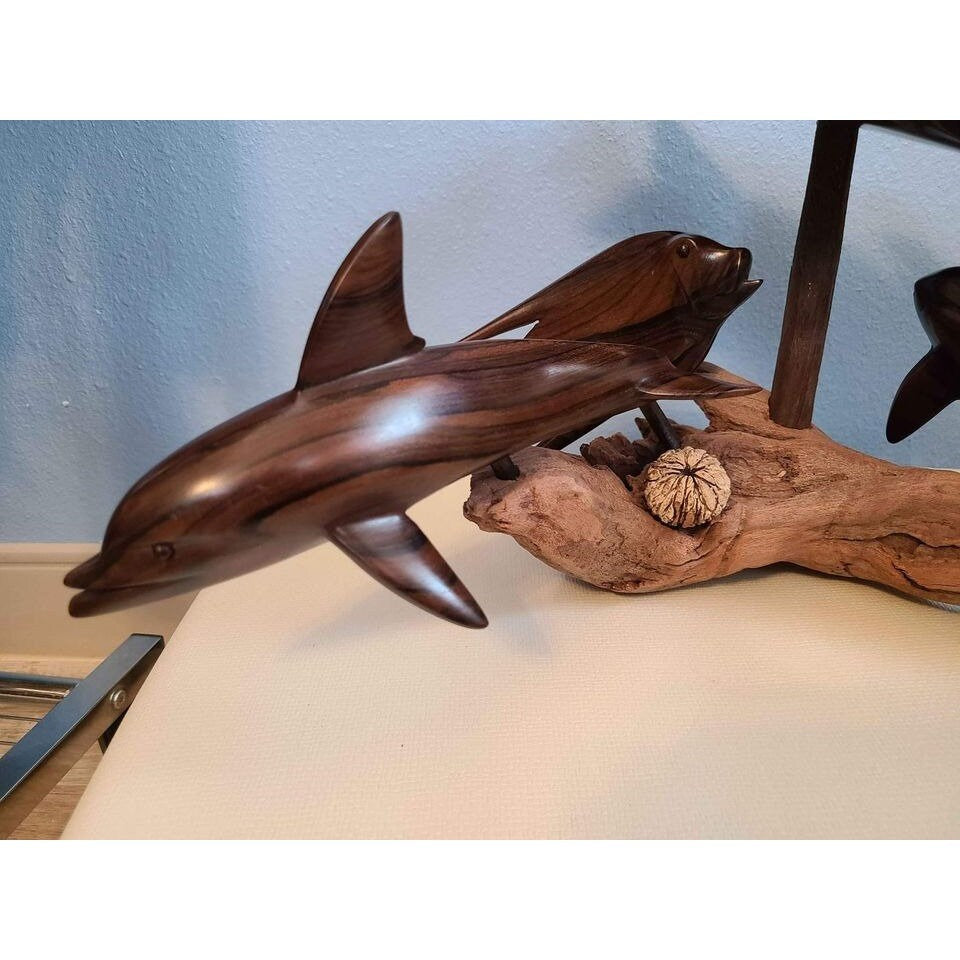 wooden sculpture "Belize" by R. Westby driftwood base seas tyrtle, shark, fish, dolphin