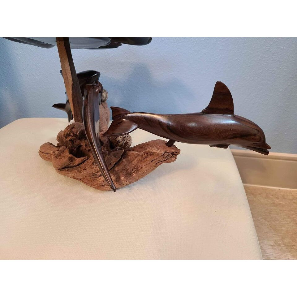 wooden sculpture "Belize" by R. Westby driftwood base seas tyrtle, shark, fish, dolphin