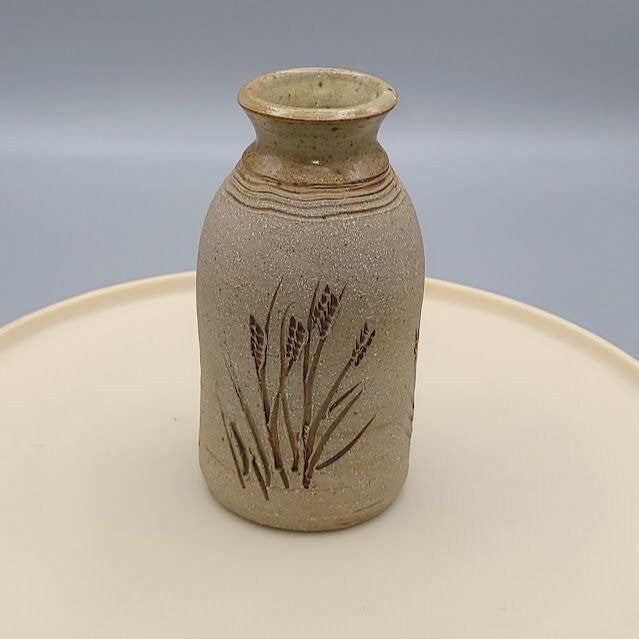 Vintage Handmade Art Pottery Stoneware Milk Bottle Floral Vase