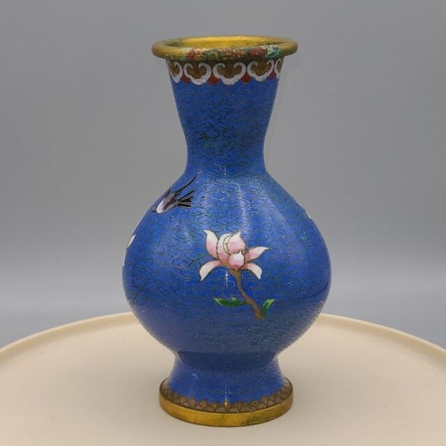 Vintage Cloissone Enamel Brass Vase with Lotus Flower Blue and Gold As Is