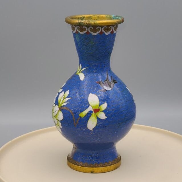 Vintage Cloissone Enamel Brass Vase with Lotus Flower Blue and Gold As Is