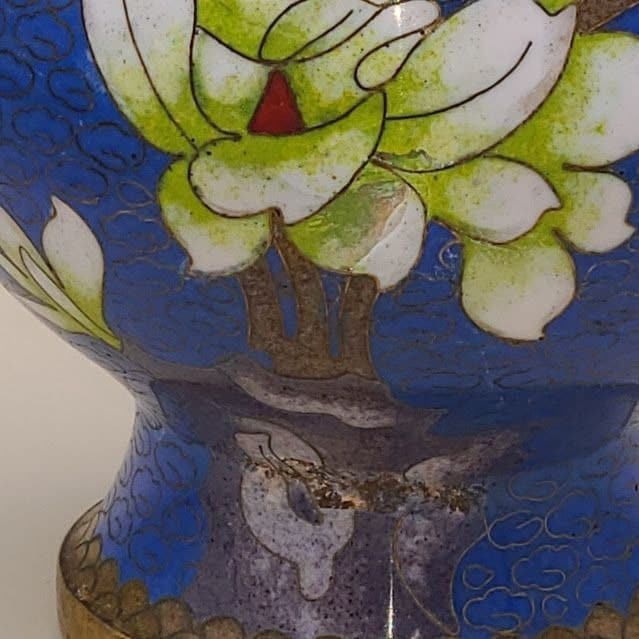 Vintage Cloissone Enamel Brass Vase with Lotus Flower Blue and Gold As Is