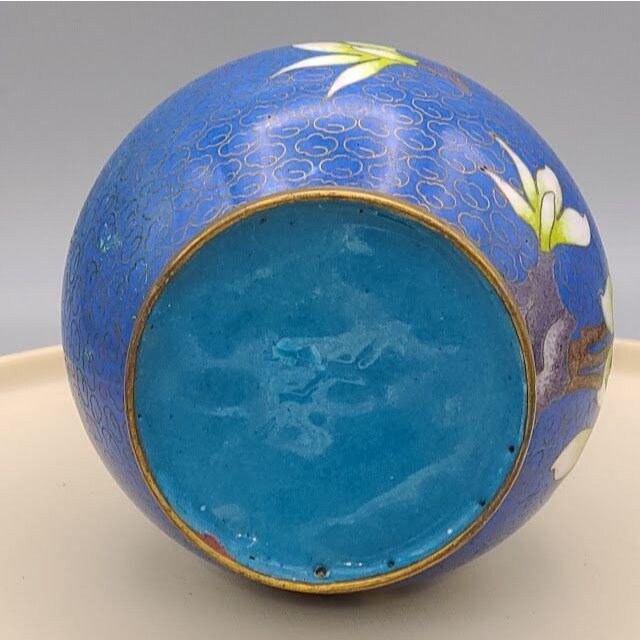 Vintage Cloissone Enamel Brass Vase with Lotus Flower Blue and Gold As Is