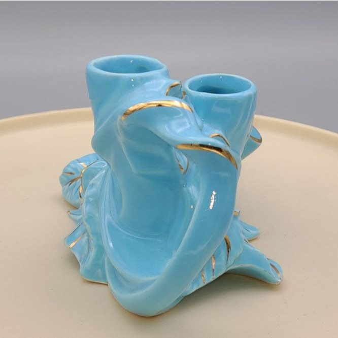 Vintage Pearl 24K Gold Painted Blue Floral Planter