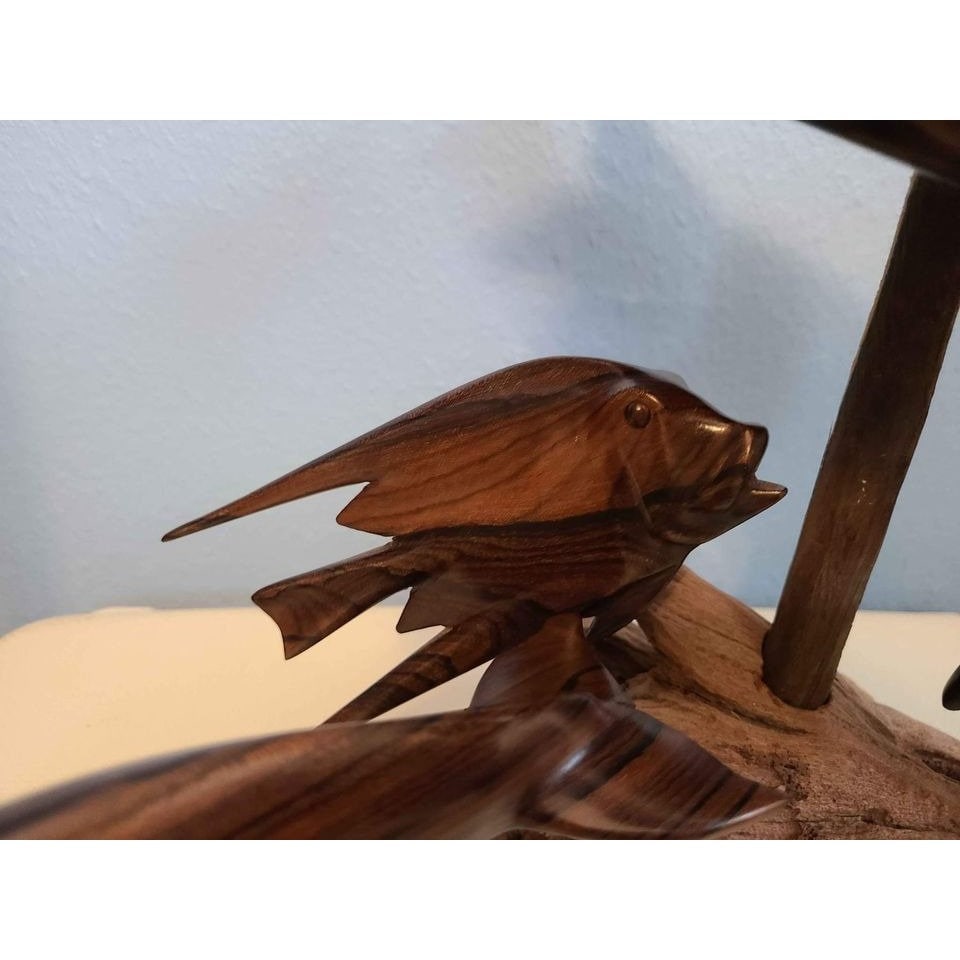 wooden sculpture "Belize" by R. Westby driftwood base seas tyrtle, shark, fish, dolphin