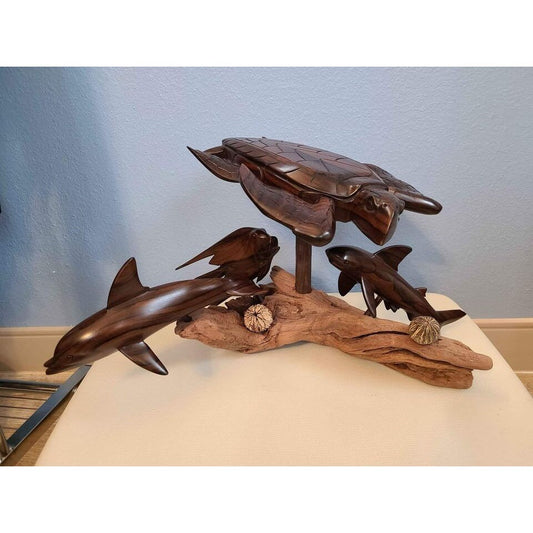 wooden sculpture "Belize" by R. Westby driftwood base seas tyrtle, shark, fish, dolphin