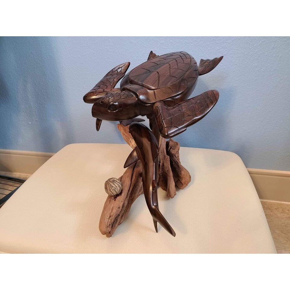 wooden sculpture "Belize" by R. Westby driftwood base seas tyrtle, shark, fish, dolphin