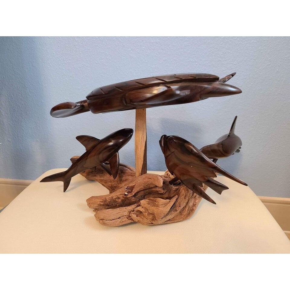 wooden sculpture "Belize" by R. Westby driftwood base seas tyrtle, shark, fish, dolphin