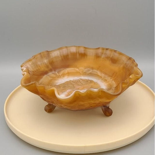 Vintage Imperial Glass Slag Glass Caramel and White Swirl 3 footed Bowl Rose Pattern