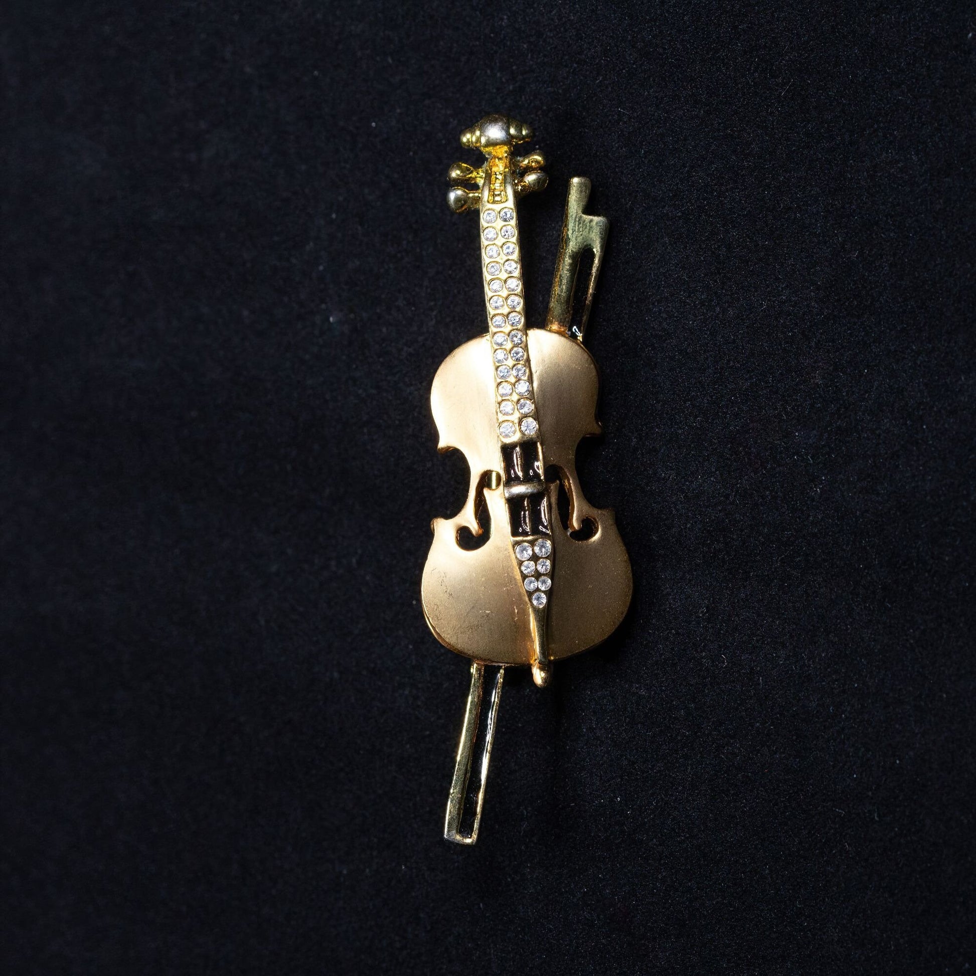 Vintage Rhinestone Violin Gold Toned Brooch