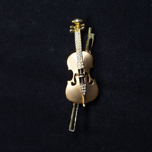 Vintage Rhinestone Violin Gold Toned Brooch