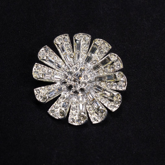 Vintage Silver Toned Floral Rhinestone Brooch