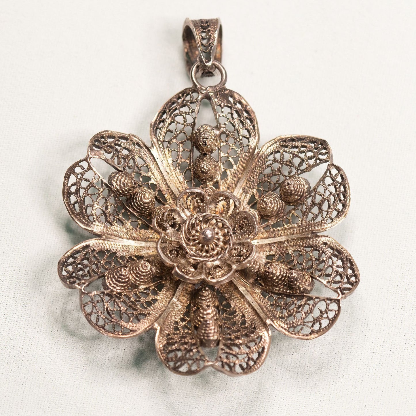 Vintage Filigree Flower Silver Tone Pendant Made in Portugal
