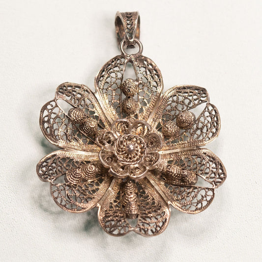 Vintage Filigree Flower Silver Tone Pendant Made in Portugal