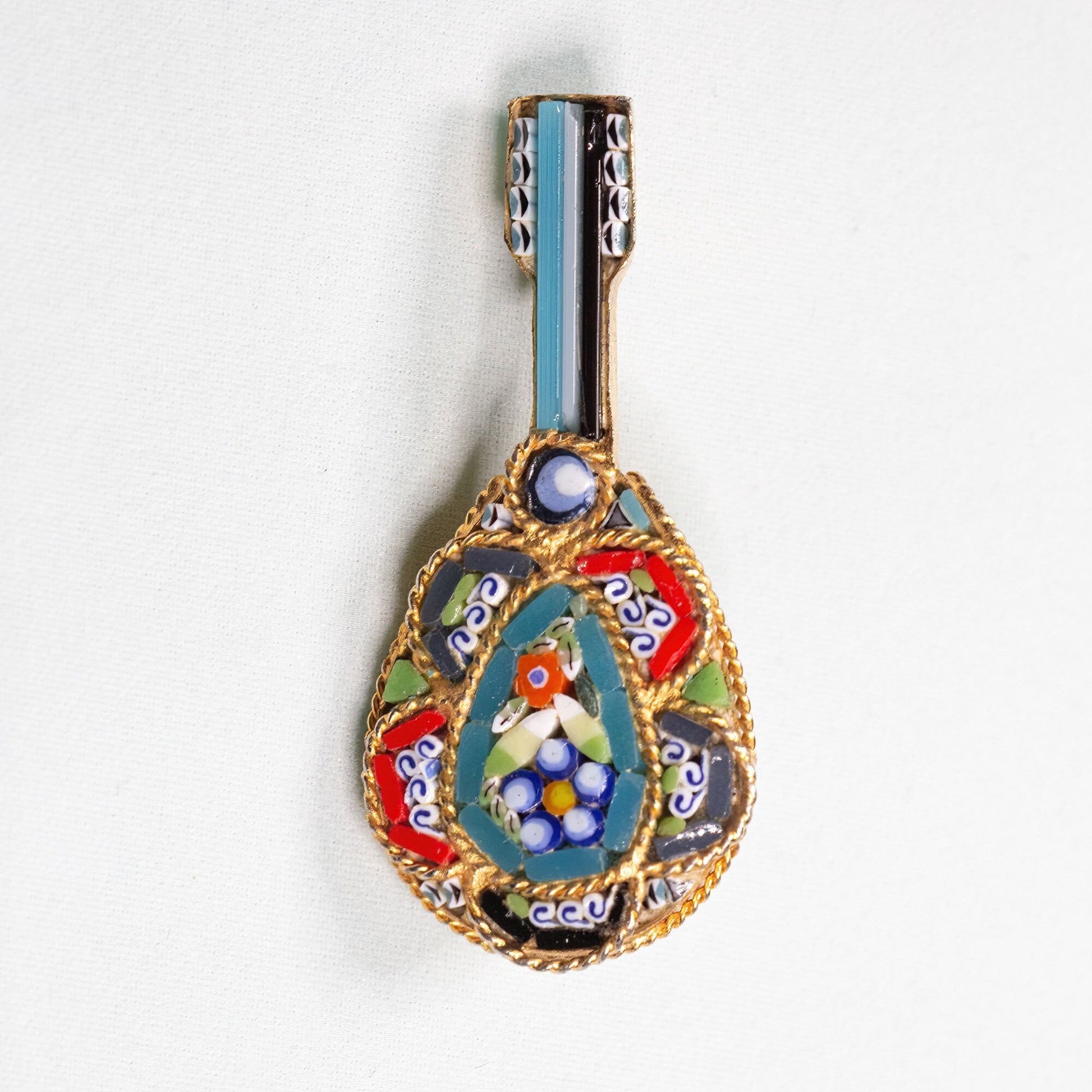 Vintage Italian Mini Mosaic Guitar Gold Toned Brooch Signed Micro Mosaic