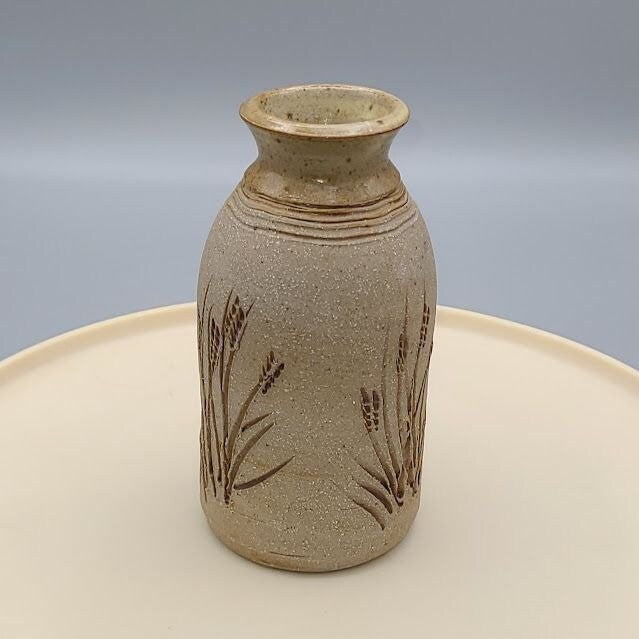 Vintage Handmade Art Pottery Stoneware Milk Bottle Floral Vase