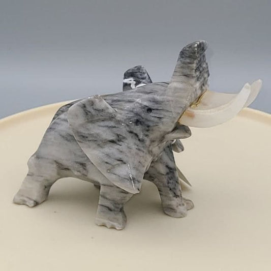 Carved Marble Elephant Figurine with Alabaster Tusks Made in Mexico Vintage