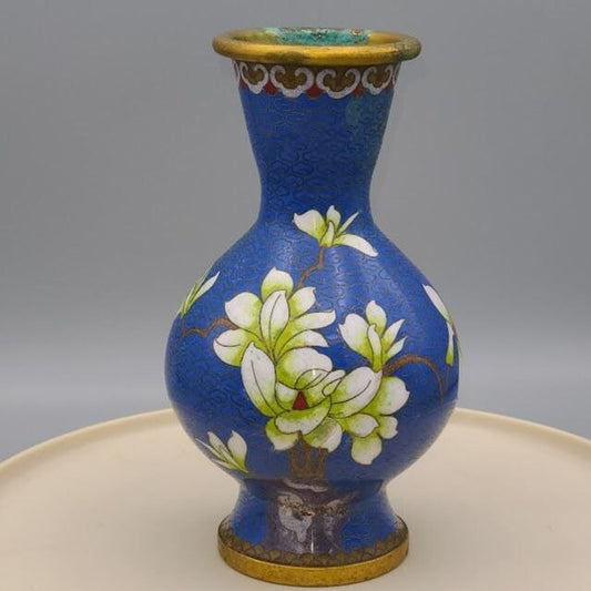 Vintage Cloissone Enamel Brass Vase with Lotus Flower Blue and Gold As Is