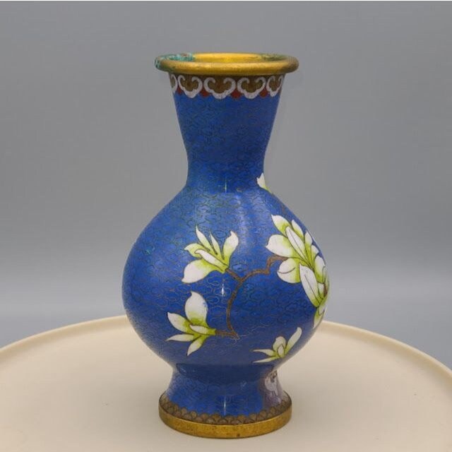 Vintage Cloissone Enamel Brass Vase with Lotus Flower Blue and Gold As Is