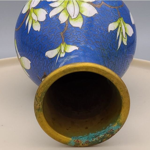 Vintage Cloissone Enamel Brass Vase with Lotus Flower Blue and Gold As Is