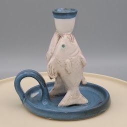 Vintage Handmade Pottery Fish Candlestick With Handle