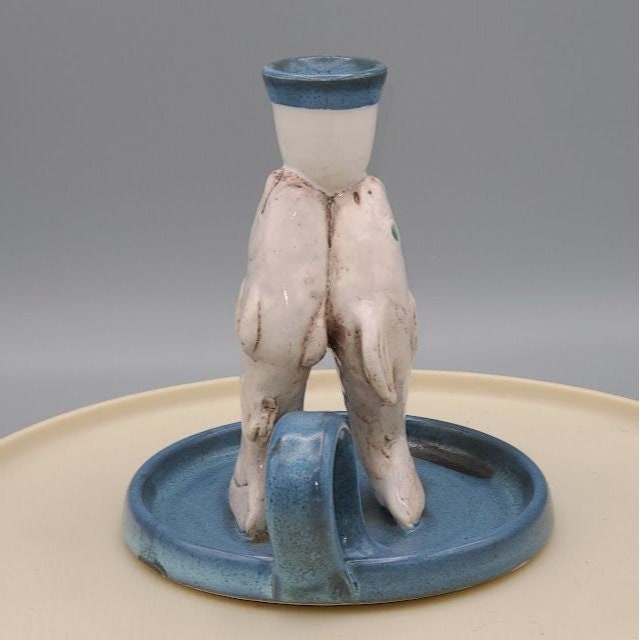 Vintage Handmade Pottery Fish Candlestick With Handle