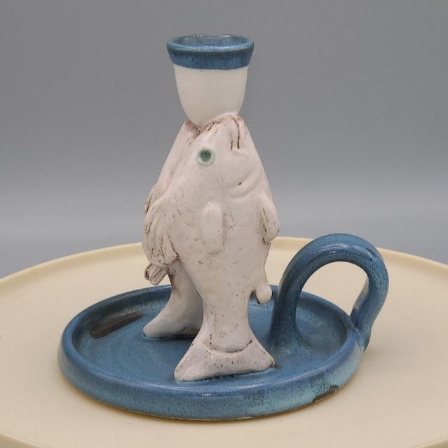 Vintage Handmade Pottery Fish Candlestick With Handle