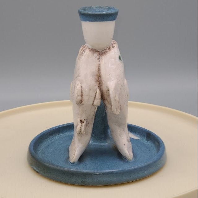 Vintage Handmade Pottery Fish Candlestick With Handle