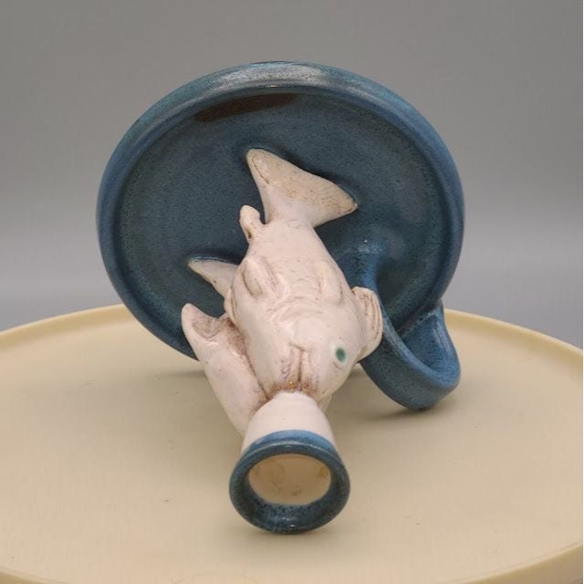Vintage Handmade Pottery Fish Candlestick With Handle