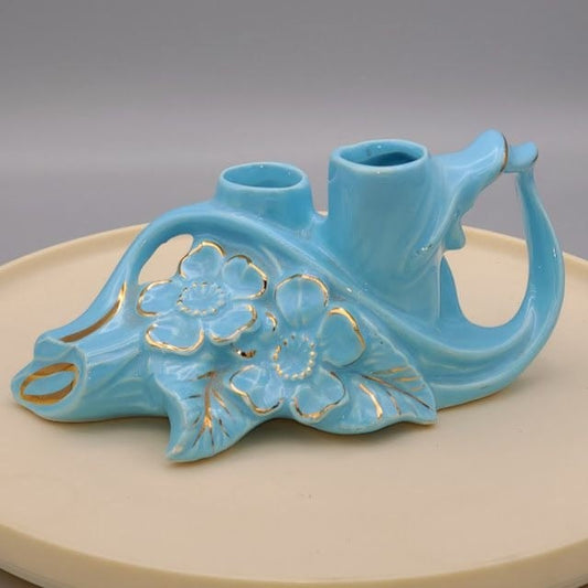 Vintage Pearl 24K Gold Painted Blue Floral Planter