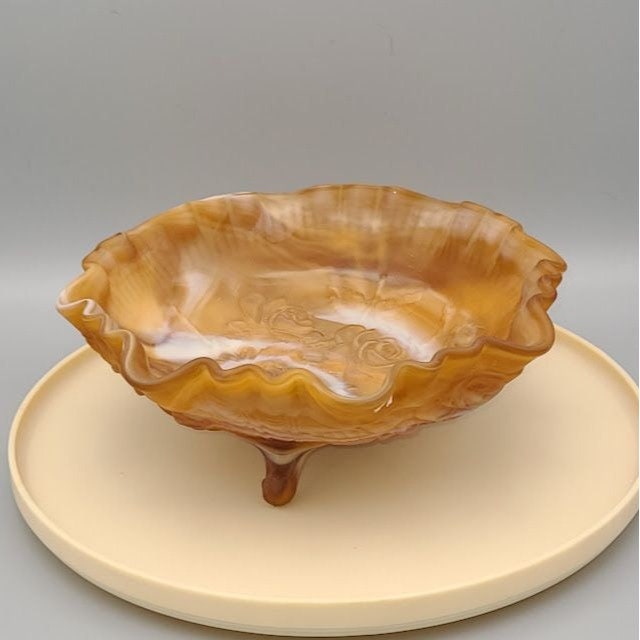 Vintage Imperial Glass Slag Glass Caramel and White Swirl 3 footed Bowl Rose Pattern