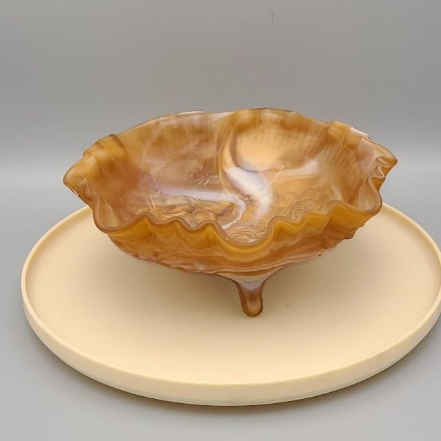 Vintage Imperial Glass Slag Glass Caramel and White Swirl 3 footed Bowl Rose Pattern